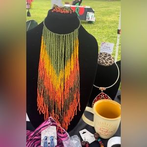 Long Beaded Necklace: Green, Yellow, Orange, Brown -$25